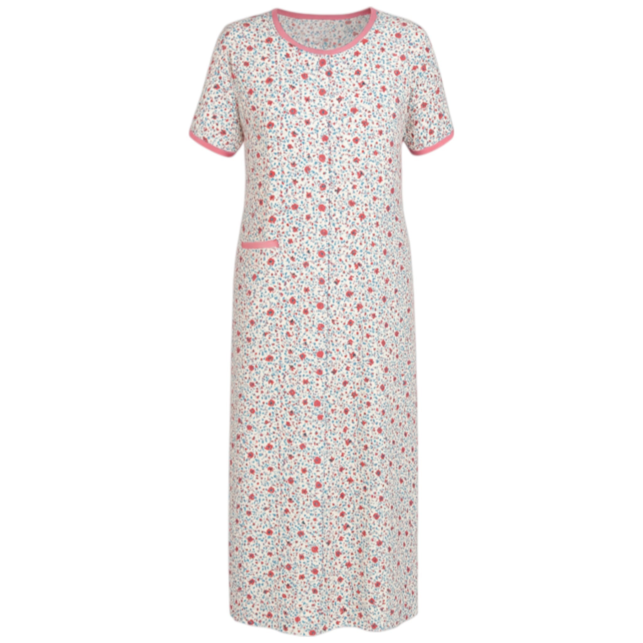 Ladies white and pink multi floral button front nightie with short sleeves and pocket